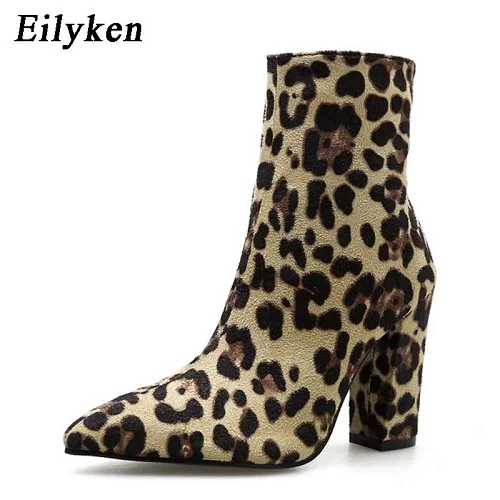 Leopard grain Eilyken женские ботинки на квадратном каблуке; женские ботинки на молнии с острым носком и змеиным принтом; Осенняя обувь; Новинка года; зимние ботинки «Челси» - Цвет: Leopard grain