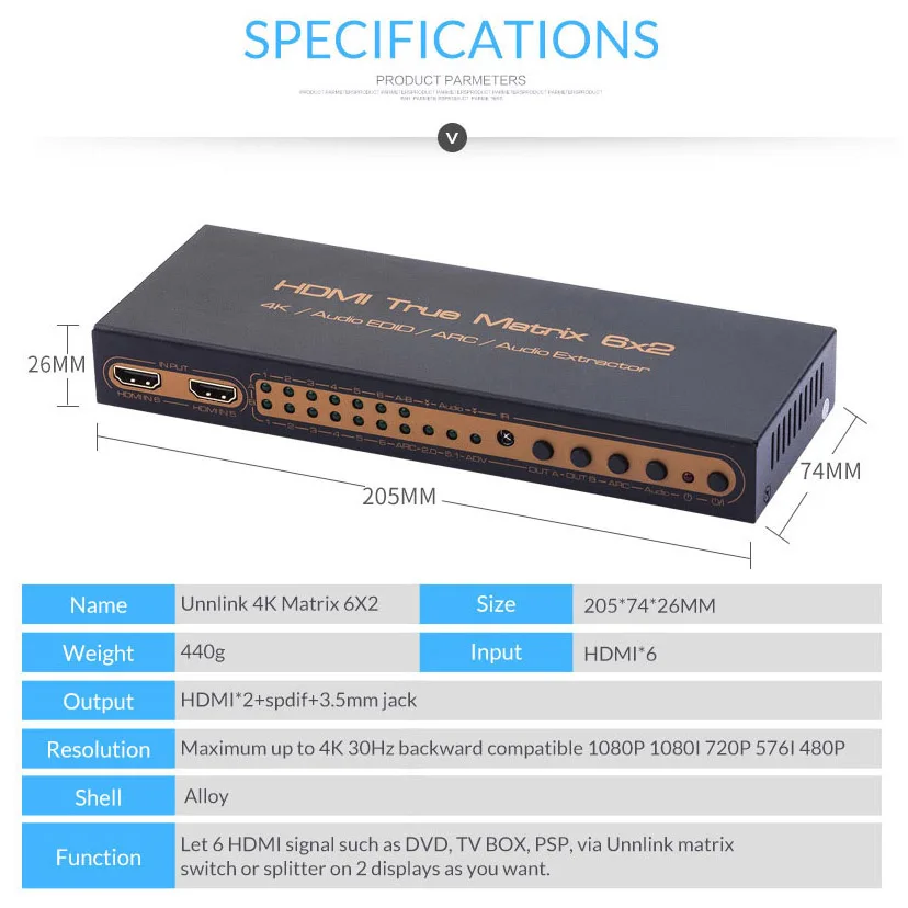 Unnlink HDMI матричный 6x2 коммутатор разветвитель 4 k@ 30Hz 6 в 2 Выход PIP аудио экстрактор HIFI 5,1 SPDIF Toslink 3,5 Jack ARC для ТВ коробки