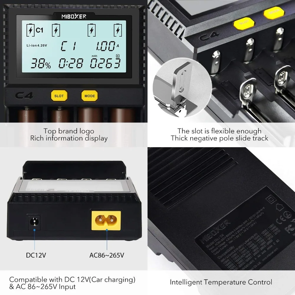Смарт зарядное устройство Miboxer C4 Plus с ЖК дисплеем для Li Ion IMR ICR LiFePO4 18650 14500 26650 21700 AAA