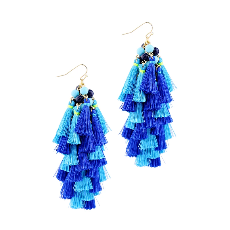 Boho Blue Beads Layered Fringe Tassel Earrings Brincos New Fashion Women Chunky Big Statement Ethnic Jewelry | Украшения и