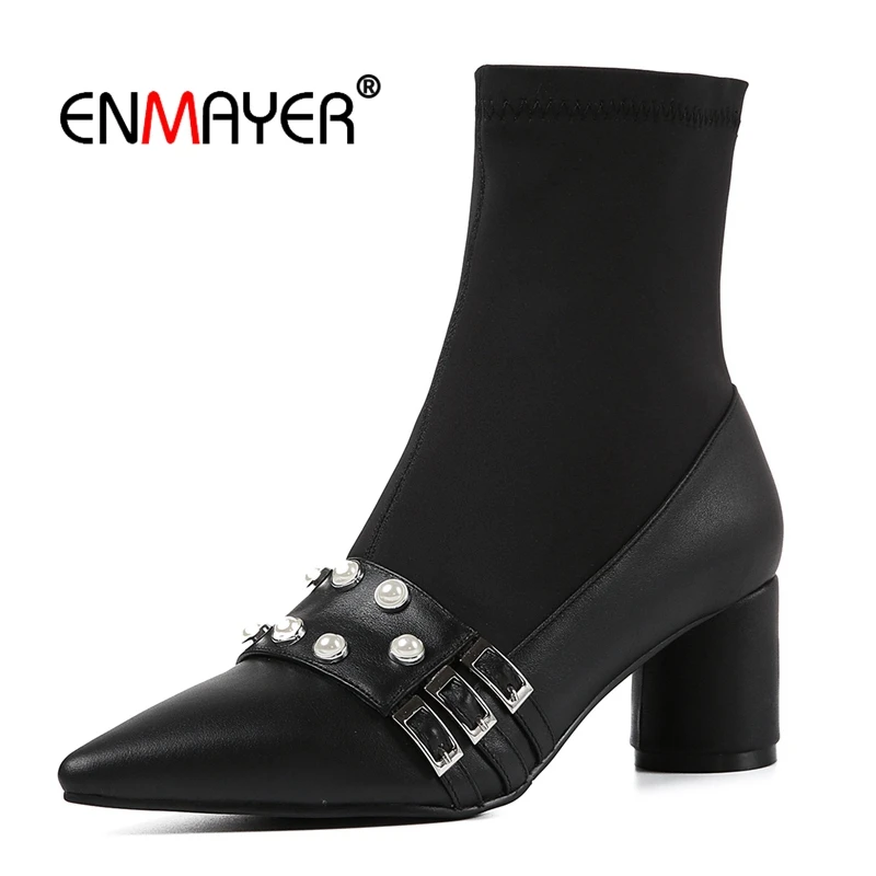 

ENMAYER Genuine Leather Pointed Toe Women Boots 2020 Ankle Boots for Women Womens Winter Fashion BIG SIZE 34-44 LY387