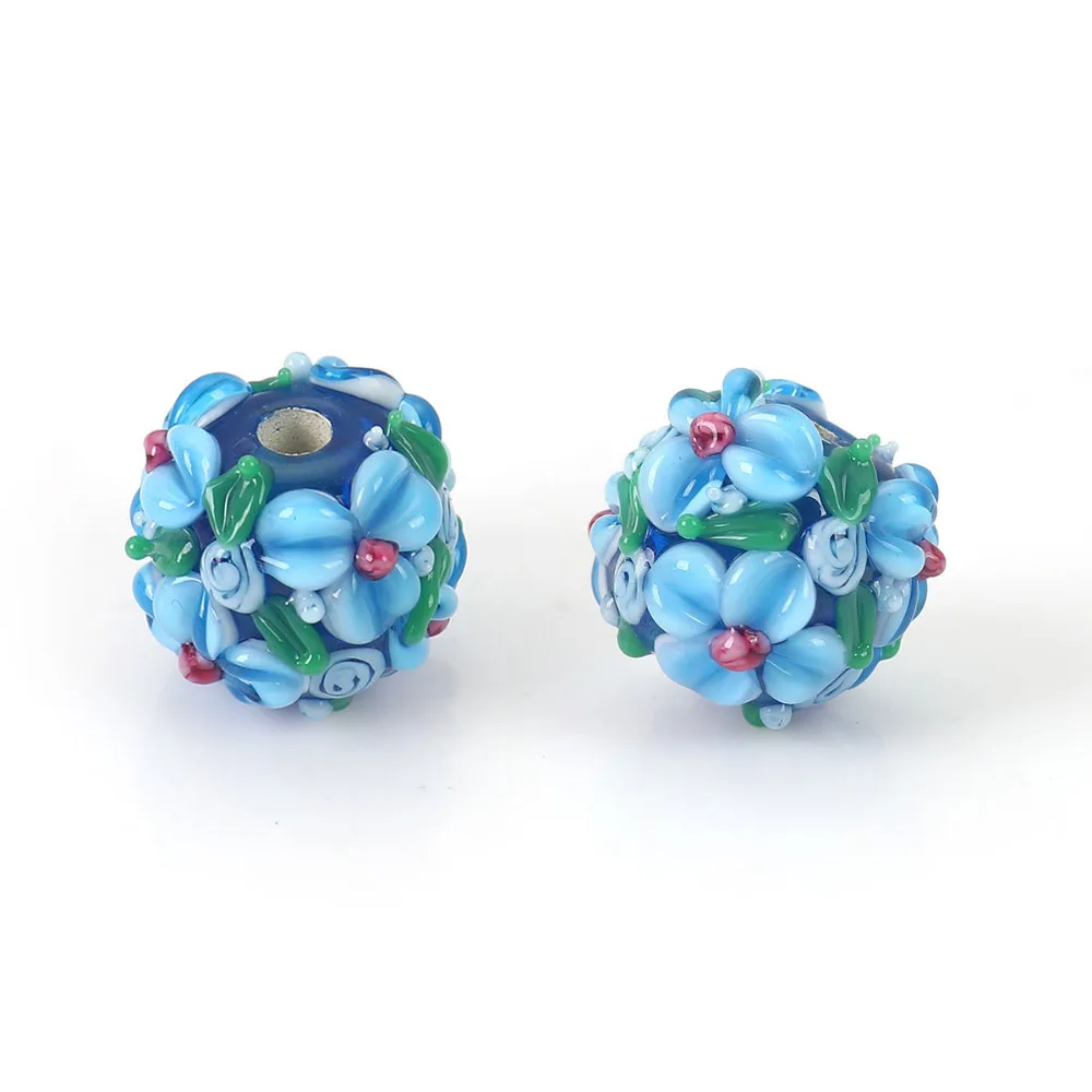 DoreenBeads лэмпворк стекло в форме цветка круглые синие листья цветов красочные около 13 мм x 13 мм, отверстие: около 2,5 мм, 1 шт