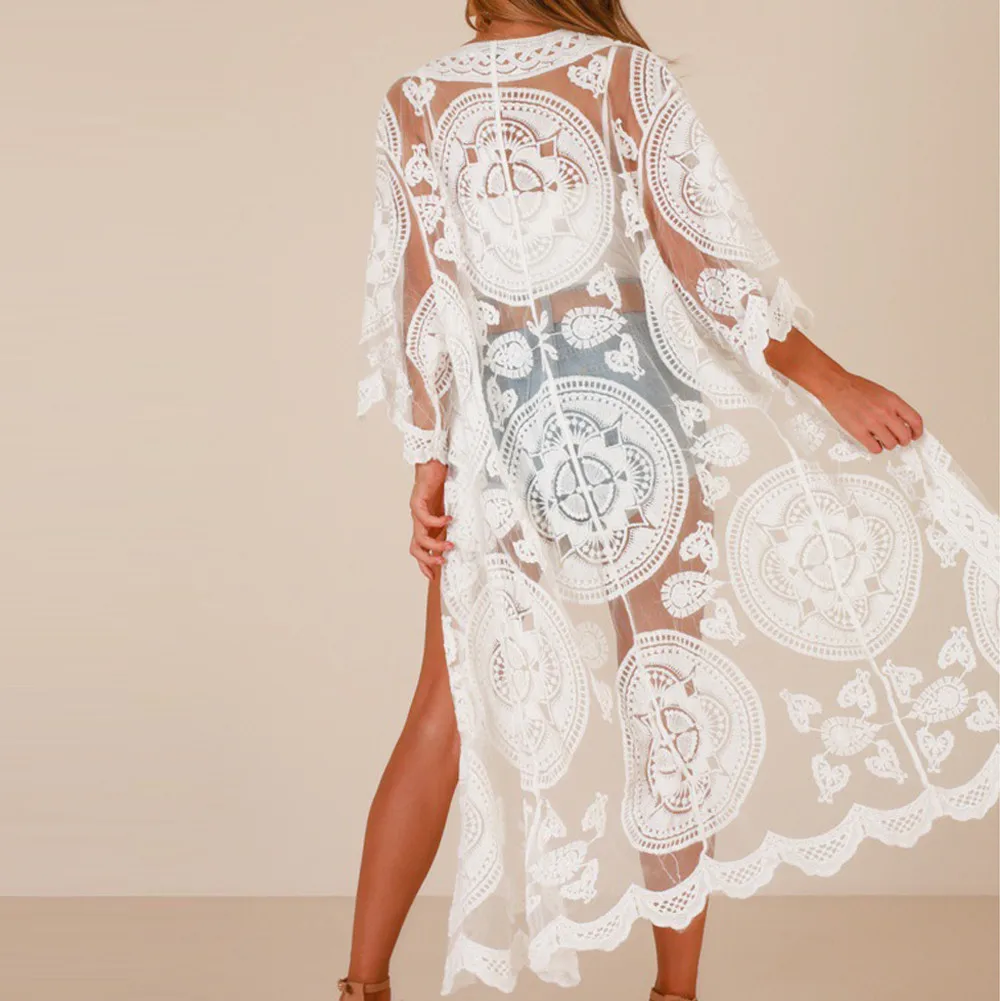 Новинка Летняя Пляжная накидка с вуалью кружевная ажурная на пляжное бикини