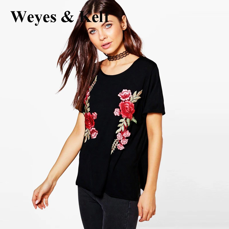 

Женская футболка с коротким рукавом и цветочной вышивкой Weyes & Kelf, повседневная черная футболка с Боковым Разрезом, 2020