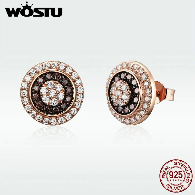 Женские круглые серьги-гвоздики WOSTU серебристые розовое золото 100% 925 пробы