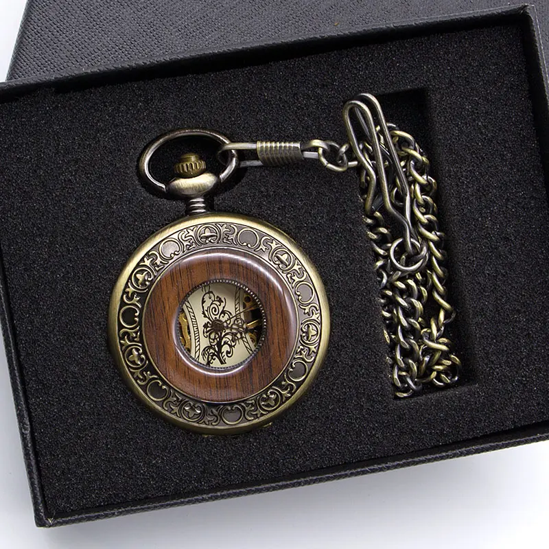 Bronze Mechanical Pocket Watch Solid Wood FOB Chain Roman Dial Hollow Steampunk Skeleton Mens Womens Clock Watches PJX1396