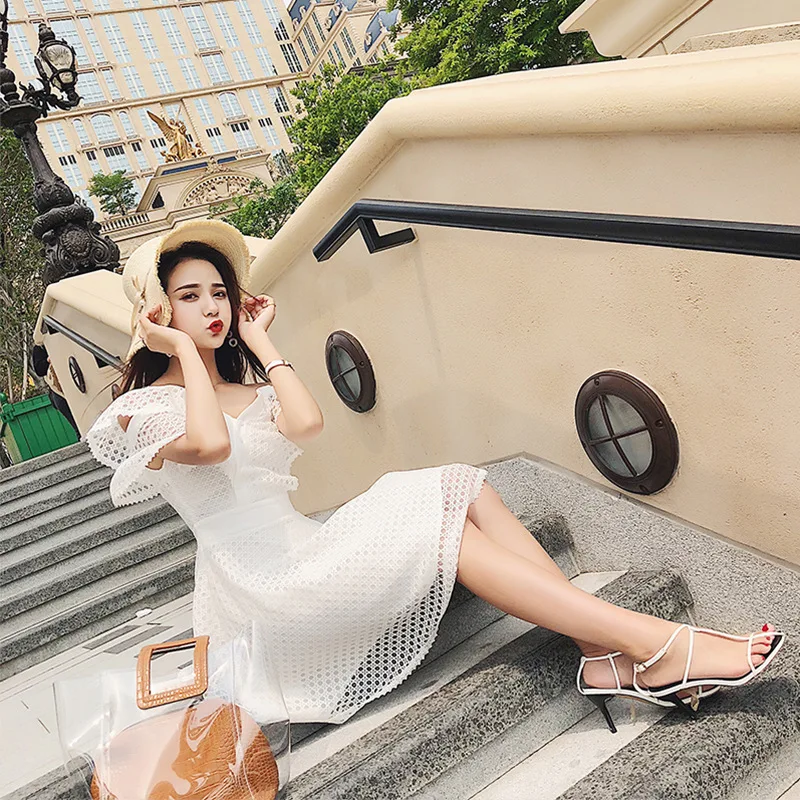 quality summer sexy irregular off-the-shoulder dress female hollow out lace | Женская одежда
