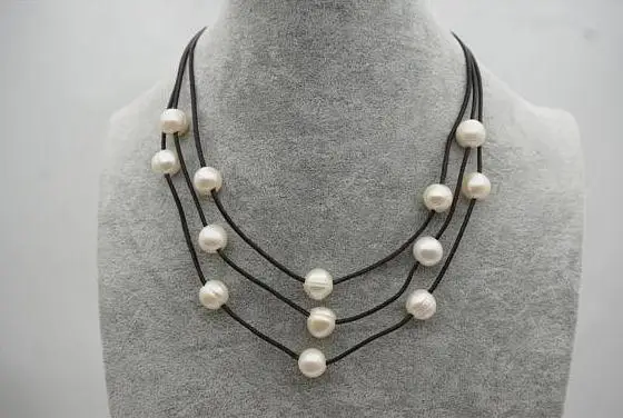

Handmade Leather Pearl Jewellery 3Rows 9-11mm Big Potato Genuine White Freshwater Pearl Necklace Black Leather Necklace