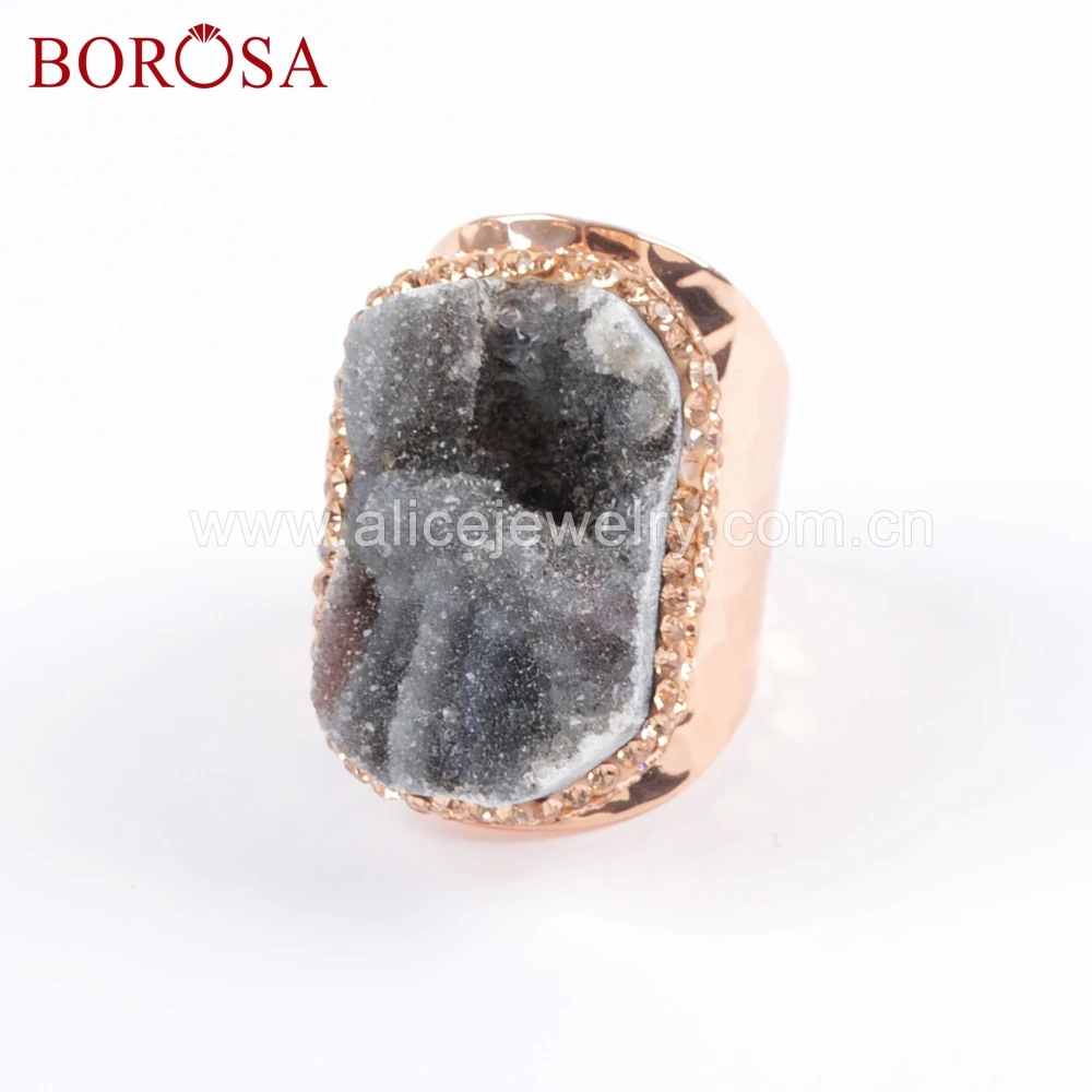 

BOROSA 5/6PCS Rose Gold Color Natural Galaxy Quartz Stone Druzy Rings Fashion Gems Stone Ring Jewelry for Women JAB952
