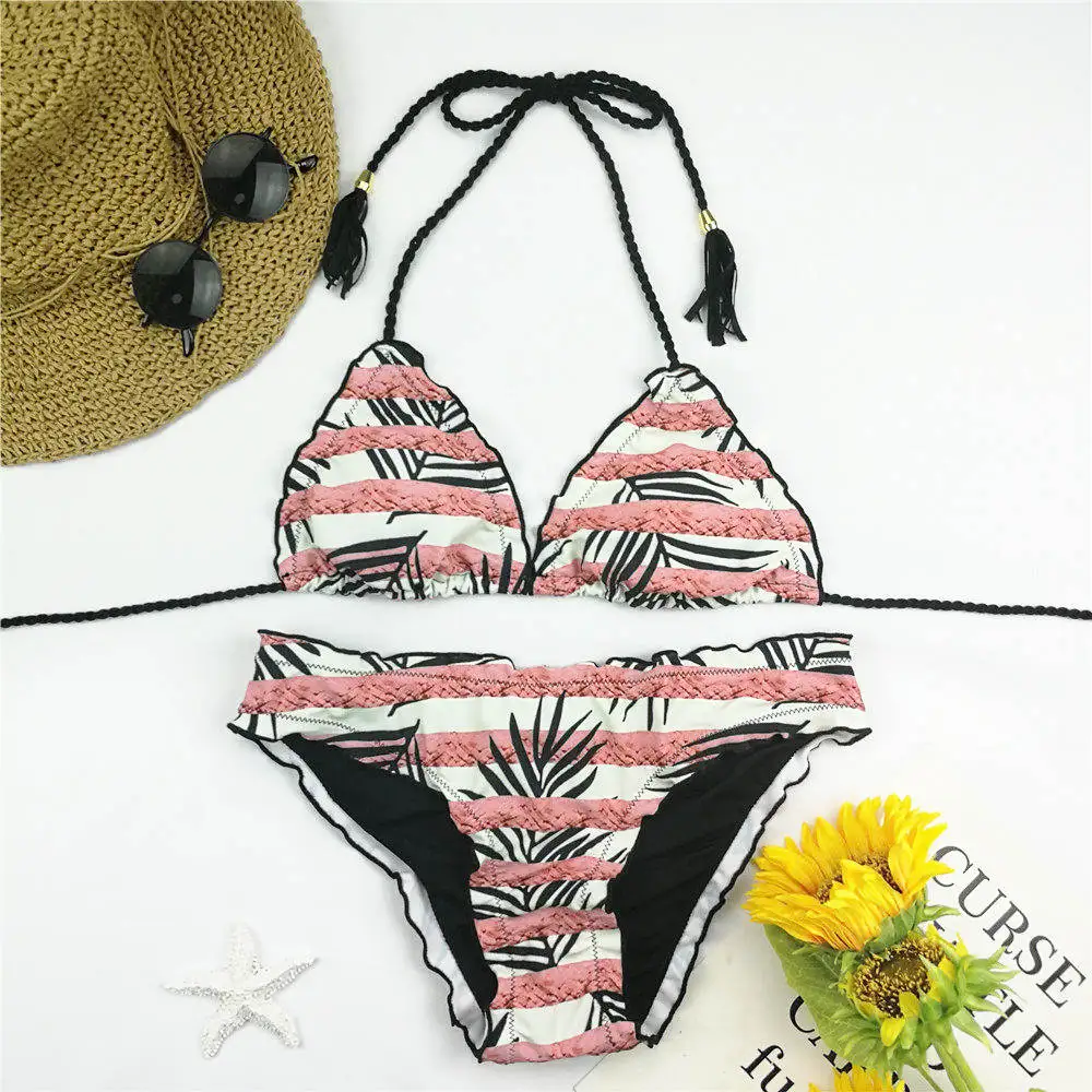 Бразильское бикини женский купальник с принтом пальмы микро купальники вязанные