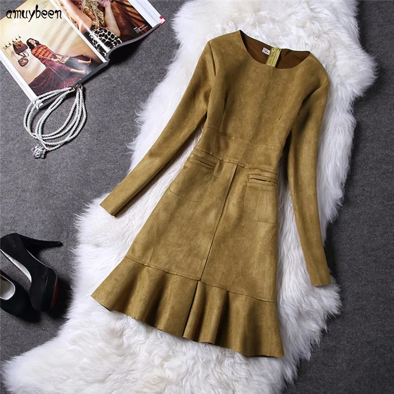 Платья женские замша кожа искусственная зима больших размеров xxl туника кожаное