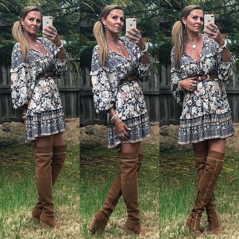 Everkaki Boho Gypsy мини-платье для женщин с оборками и круглым вырезом, с длинным рукавом, богемное женское платье, лето-осень