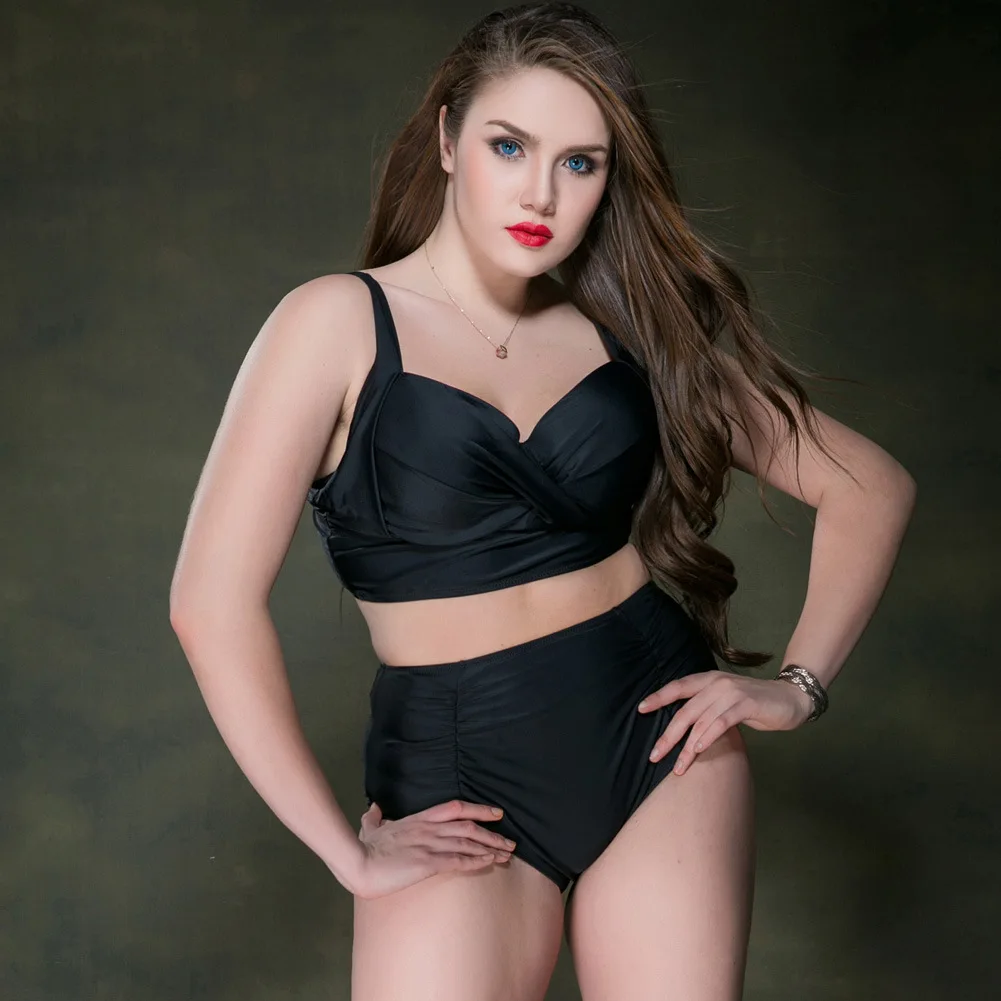 

2019 Fat Lady Women's Plus Size High Waist Two Piece Swimsuit Retro Solid Large Bikini Sexy Big Size Bathing Suit Beachwear