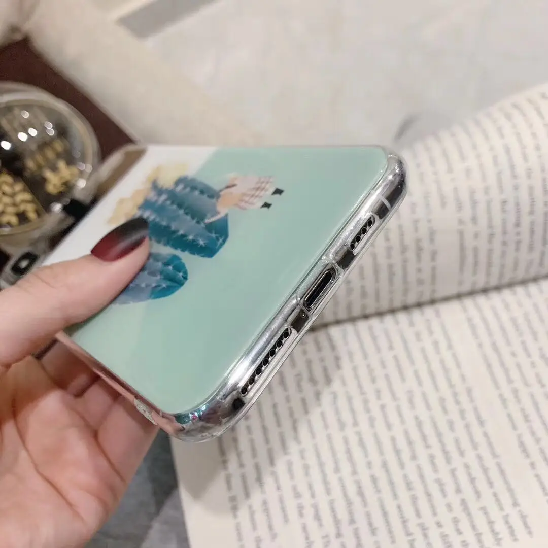 Green Fresh Painted Cactus Mirror Case for Iphone Xs Max Retro Glossy Clear Tpu Silicon Xr 6s 7 8plus Back Cover |