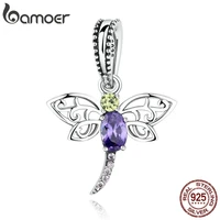 bamoer 925 sterling silver dragonfly insects purple charms pendants fit diy bracelets for women s925 fine jewelry scc048