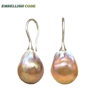simple big size baroque pearl flame ball style hook earring purple gold color natural pearls 925 sterling silver for lady