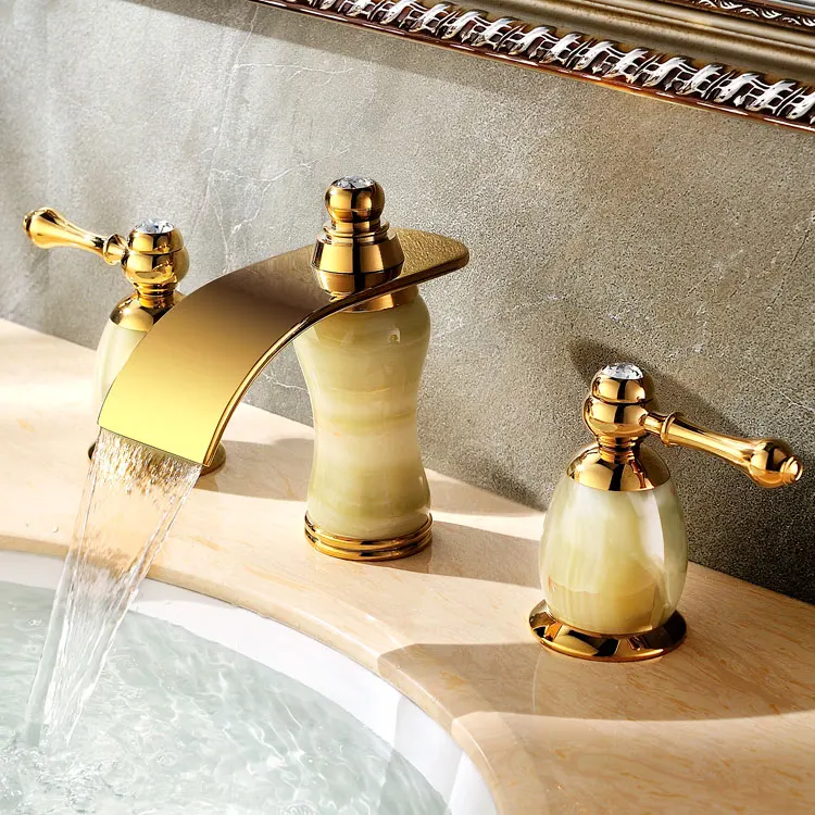 

Gold clour 8 inch widespread 3 pieces bathroom Lavatory Sink faucet Mixer tap stone Jade faucet with crystal knobs