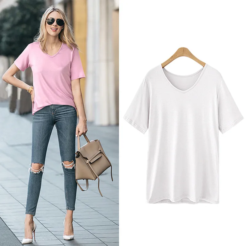 

OUMOWEI Women's T-Shirt 2018 Fashion New Short-Sleeved T-Shirt High Quality Large Size Loose V-Neck Solid Color Bottoming Shirt