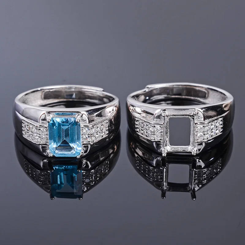 

MeiBaPJ 6*8 Real Natural Blue Topaz Gemstone Men Ring or Empty Ring Support Real 925 Sterling Silver Fine Wedding Jewelry
