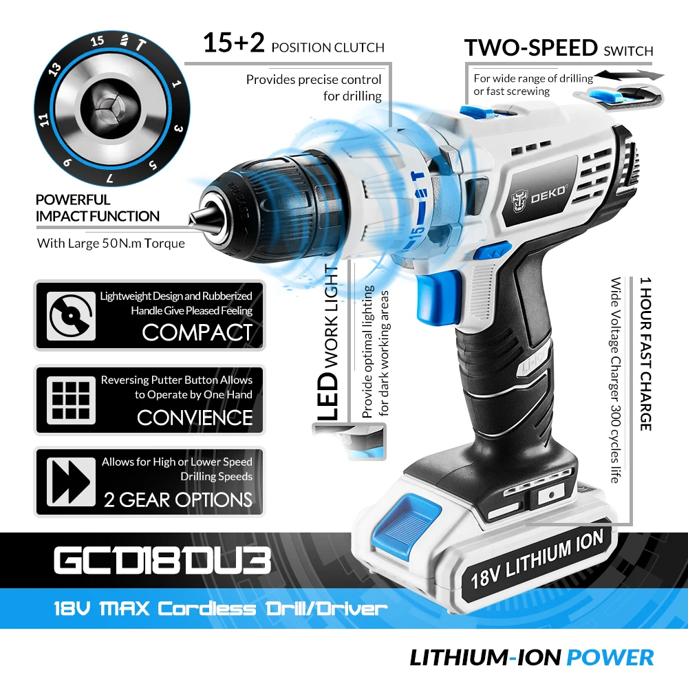 Аккумуляторная дрель DEKO GCD18DU3 18 в Заводская розетка литиевая батарея 50N.m