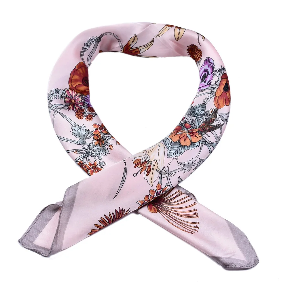 Autuam Women Square Scarf 70x70 Handkerchief feather Flower Printed silk Scarves Fashion Headbands Spring Small Bandana | Аксессуары для