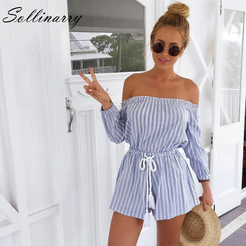 Sollinarry Sexy Off Shoulder Playsuit Overalls Stripe Tassel Ruched Lace Up Rompers Elegant Feminine Short Jumpsuit | Женская одежда