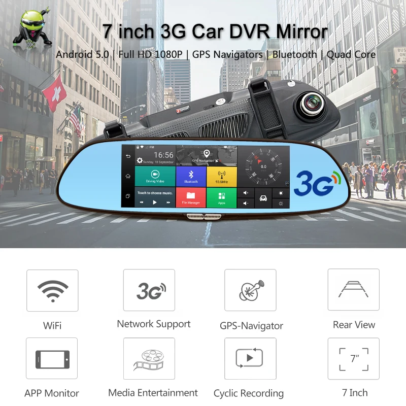 Junsun 3G 7 дюймов Автомобильный видеорегистратор зеркальная камера Android 5 0 wifi gps Full HD