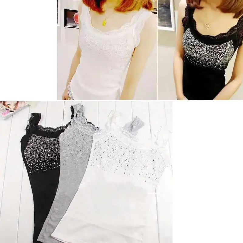 Женская сексуальная майка без рукавов черная белая Серая со стразами|cami shirts|vest tank