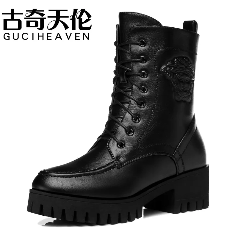 Guciheaven/женские ботинки до середины икры; зимние теплые короткие плюшевые Ботинки martin на толстом высоком каблуке 5 см и платформе в байкерском стиле;
