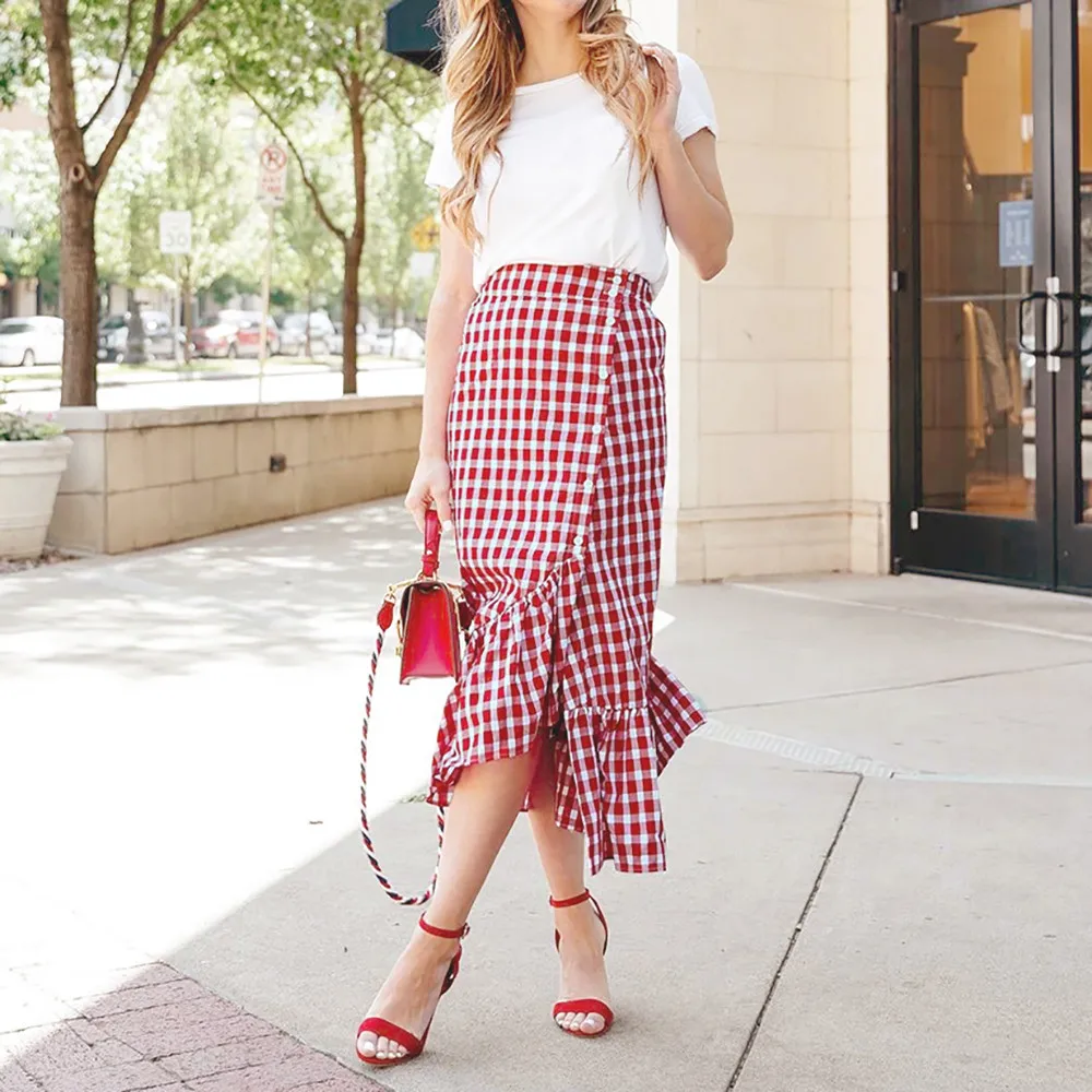 Женские асимметричные вечерние юбки в клетку винтажные до середины икры с