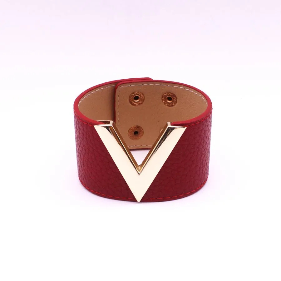 Fashion Leather personality V word charm Bracelet Simple design All Match Women Wrap Wristband trend Jewelry | Украшения и