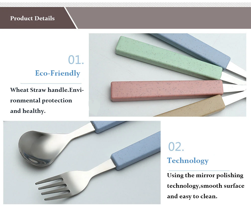 Nordic Color Wheat Straw plastic Dinnerware Set Portable Outdoor Camping Picnic School Kids cutlery Stainless Steel Tableware