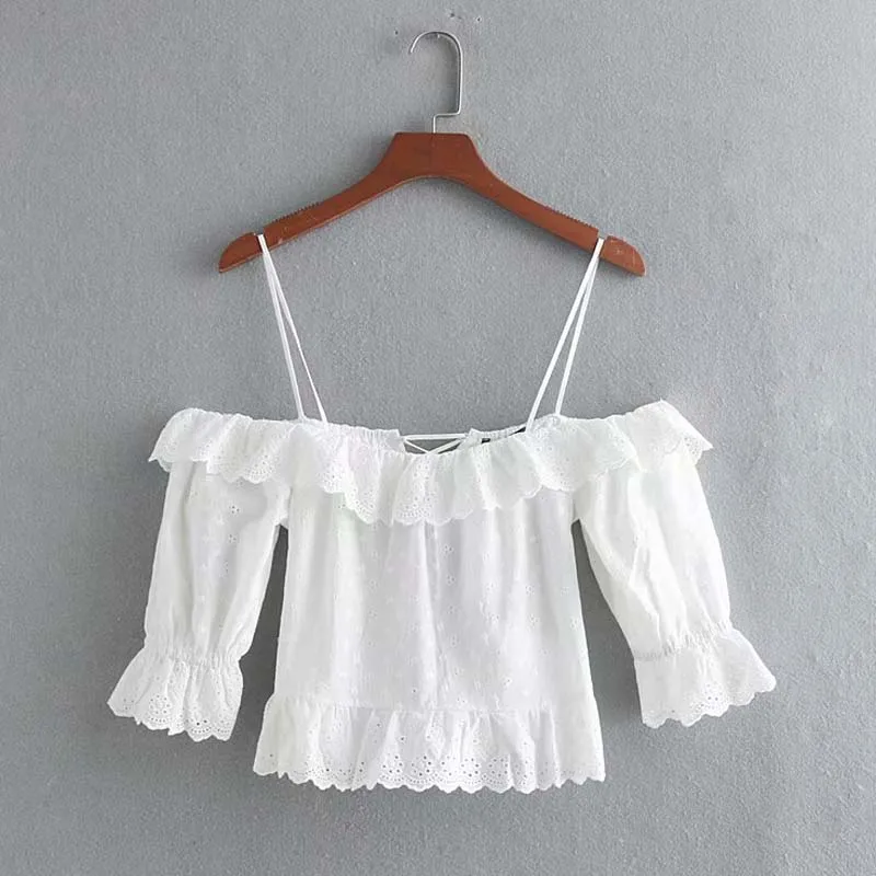 

YNZZU 2019 summer white off shoulder lace blouse Flare sleeve lace up sexy tops Emboridery hollow out female women shirts YT593