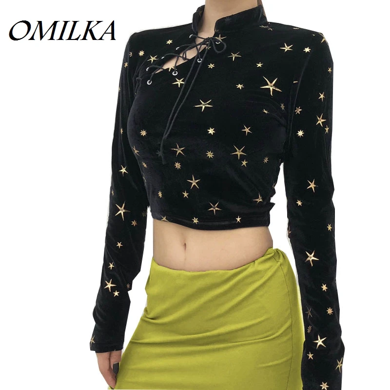 Женская футболка в китайском стиле OMILKA черная короткая с длинным рукавом