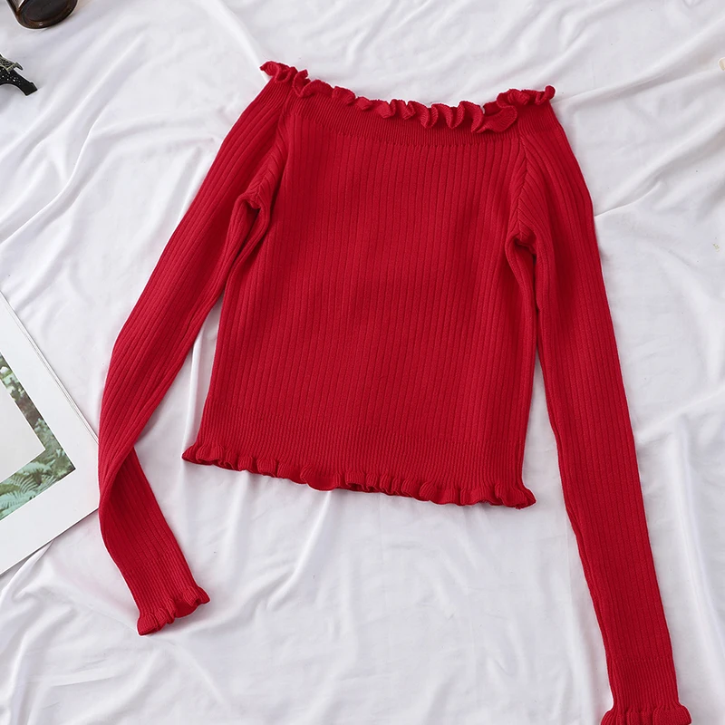 HELIAR Red Solid Shoulder Off Casual Jumper Spring Autumn Office Long Sleeve Womne Sweater Elastic Sexy Pullover Tops | Женская одежда