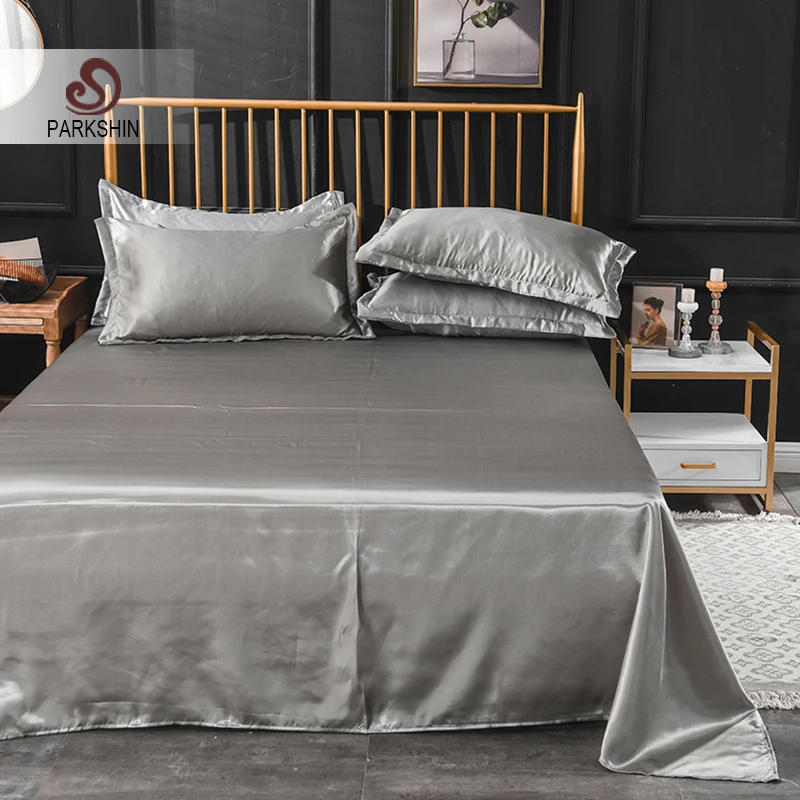 Parkshin 1 шт. серебристо серый атласный Шелковый Плоский лист двуспальная Королева