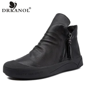 Ботинки женские DRKANOL, из натуральной кожи, на мягкой подошве, с круглым носком, на молнии, теплые, 2021