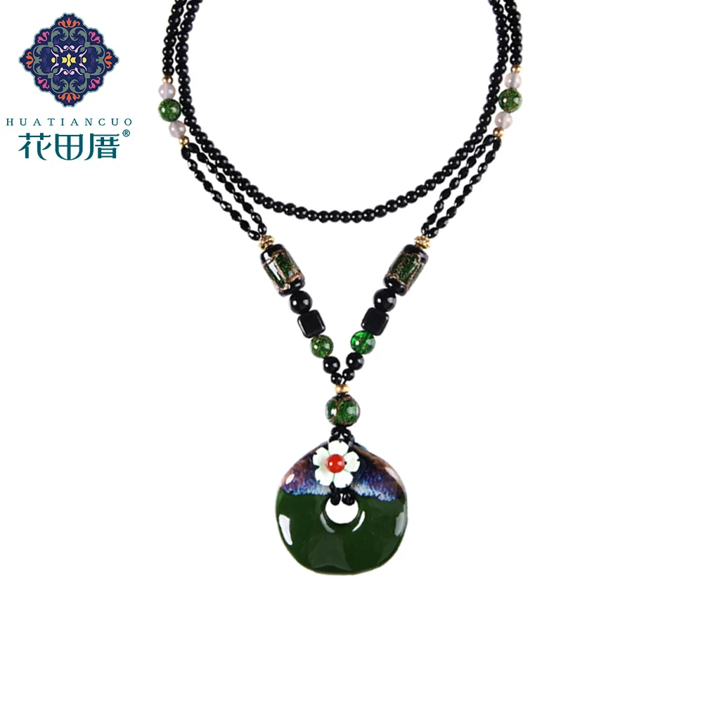 

Ethnic Handmade Pendant Necklace Lotus Leaf Ceramic Colored Glass Beads Black Stone Beads Accessrories For Woman CL-17059