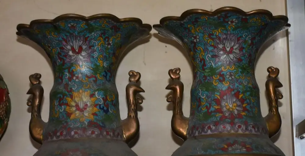 17" Cloisonne Bronze 24K Gold Gilt Peach Tree Phoenix Bottle Vase Flask Pot Pair | Дом и сад
