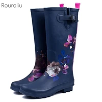 rouroliu women fashion navy blue floral buckle rainboots waterproof water shoes comfortable non slip tall rain boots woman rb73