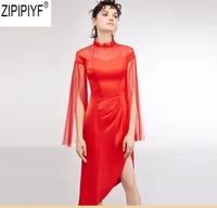 high end fashion women beaded peals irregular party dress 2018 stand collar cloak sleeve empire knee length vestidos c2625