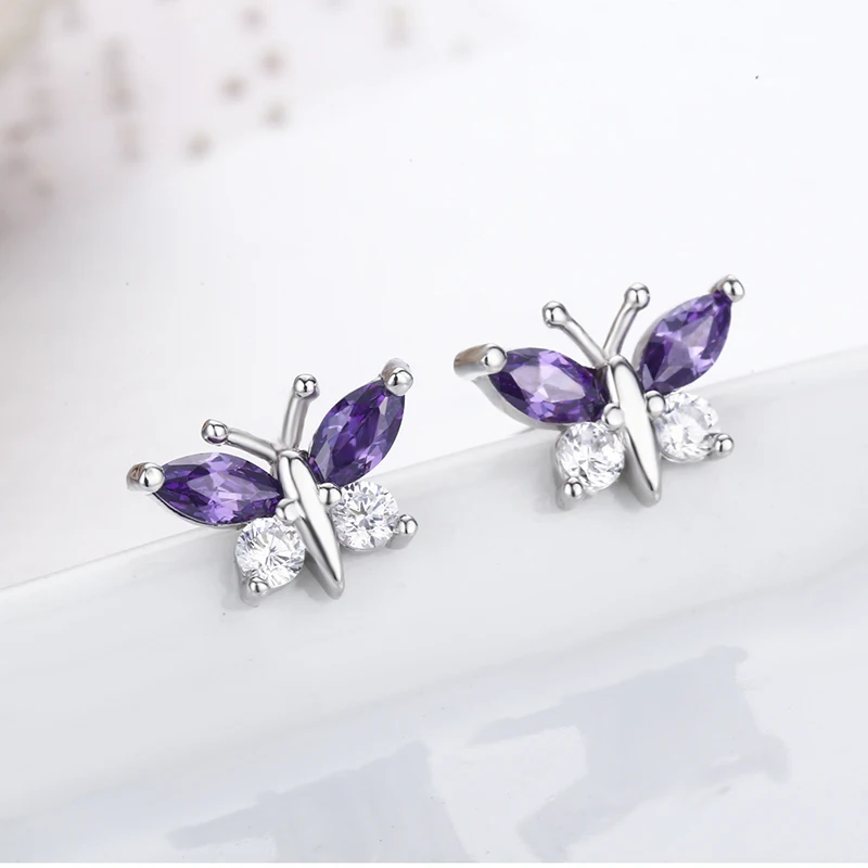 Серьги гвоздики из серебра 925 пробы с фиолетовыми и белыми фианитами|cz stud earrings|stud