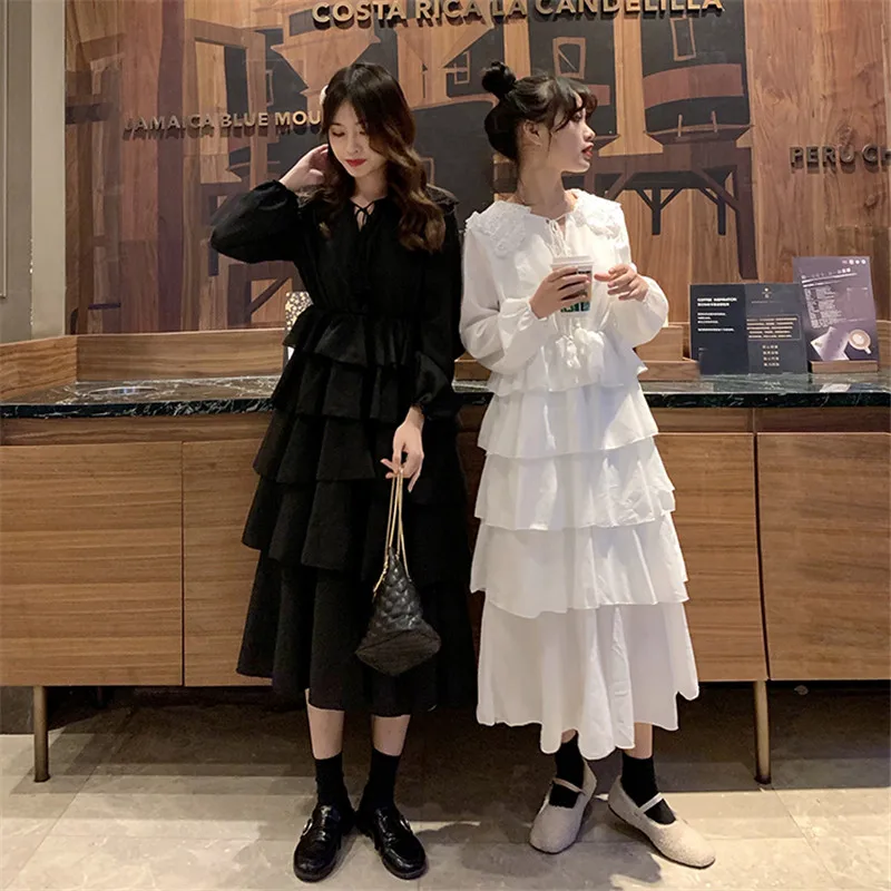 

French Women Fairy Cascading Ruffled Dress Sweet Peter Pan Collar Long Sleeve Cake Dress Summer Holiday Chic Slim Dress Vestidos