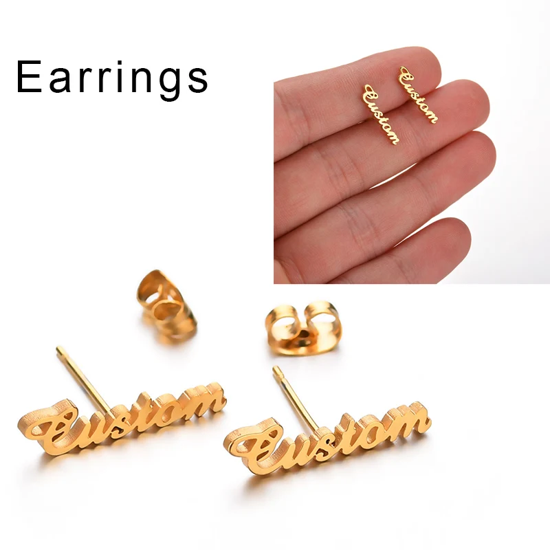 Earrings Auxauxme пользовательский именной браслет из нержавеющей стали подгонянное имя звено цепи ID браслет персонализированный подарок для женщин мужчин - Окраска металла: Earrings