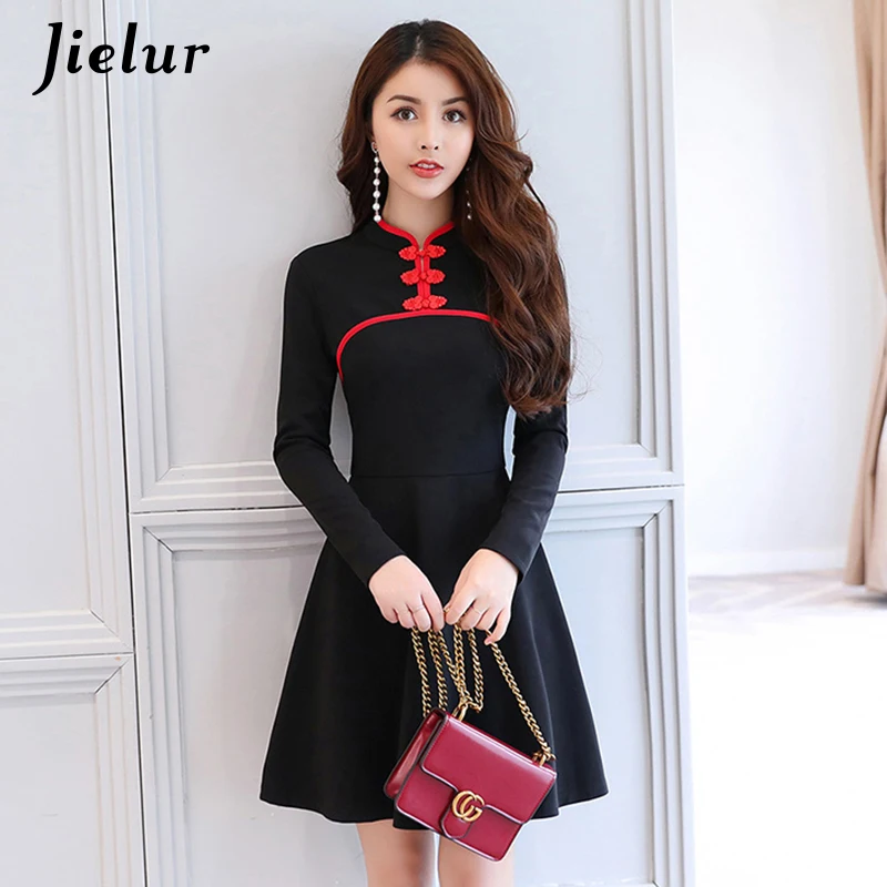 Jielur Chinese Style A Line Elegant Dress Women Cheongsam Design Mini Vestido Vintage S-XL Winter Autumn Fashion Red Robe Femme | Женская