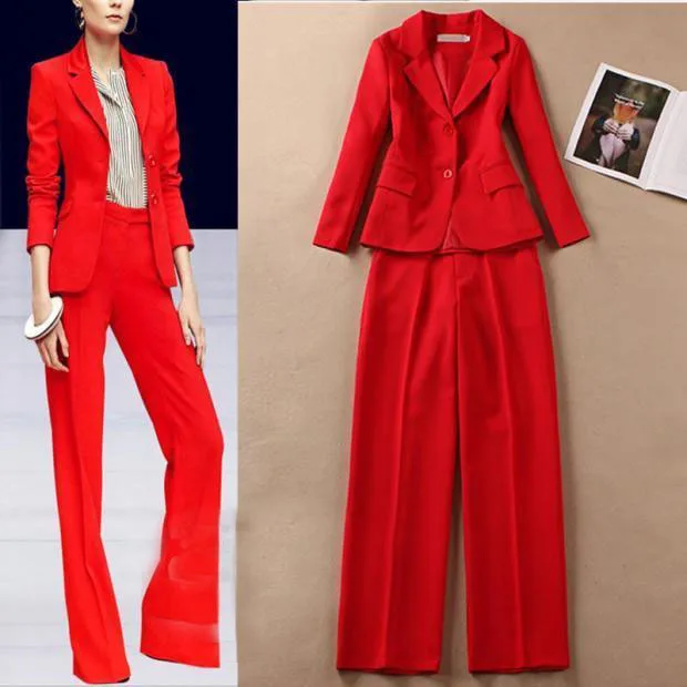 High quality fashion new red fashion suit female Formal OL slim suit high waist straight wide leg pants  women outfits