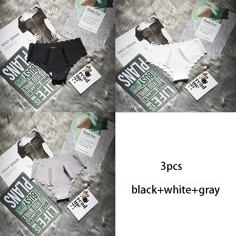 black white gray 3 шт. пикантные трусики для женщин модные женские шелковое нижнее белье трусы для трусики бесшовные трусы стринги дышащий белье - Цвет: black white gray