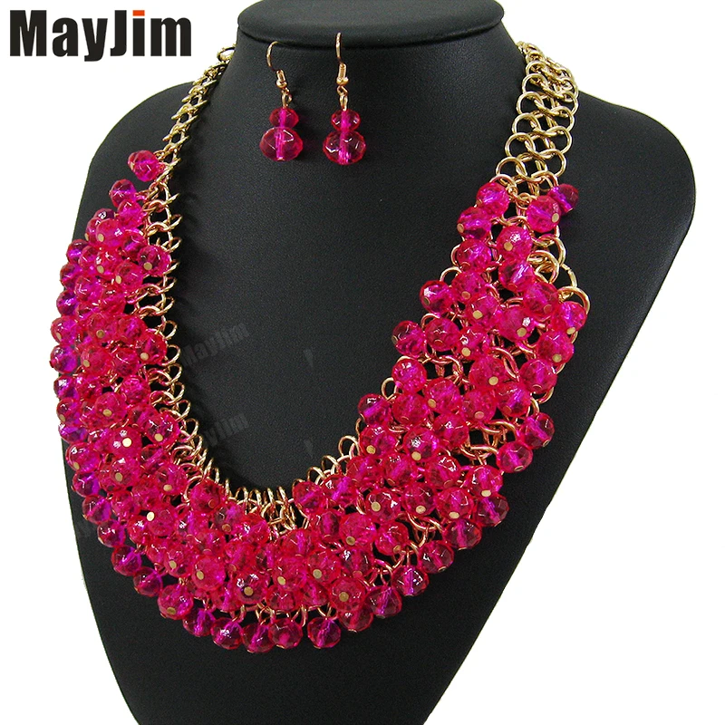 

Statement bridal big crystal bead Babysbreath Jewelry Sets Gold Chain Necklace Earring Vintage Fashion Women Wedding Jewelry