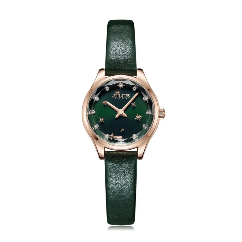 Dark Green Вращающаяся звезда вторая рука Julius женские часы Япония Movt Элегантные модные часы браслет из натуральной кожи подарочная коробка для девочек - Цвет: Dark Green