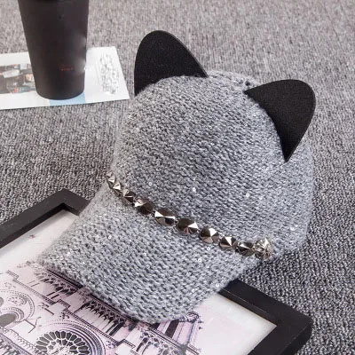 gray New fashion women girl's Hats spring summer cap cat ears hats snapback bone Hip Hop Caps wool knit baseball cap - Цвет: gray